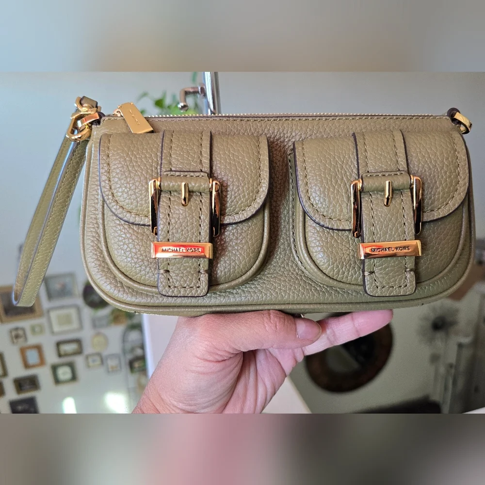 MICHAEL Michael Kors Zoe Small Leather Safari Green Shoulder Bag Wristlet